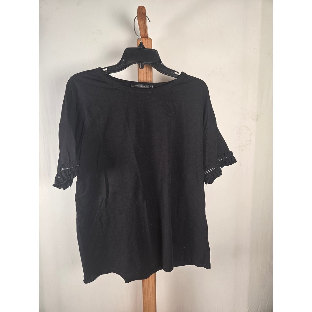 Doe & Rae Black Ruffle Short Sleeve Top Crew Neck Cotton Blend S#12232T Large